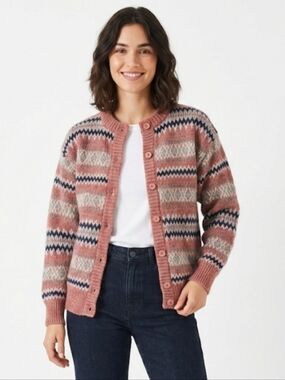 Vintage 100% Wool Fair Isle Striped Knit Cardigan Sweater Small